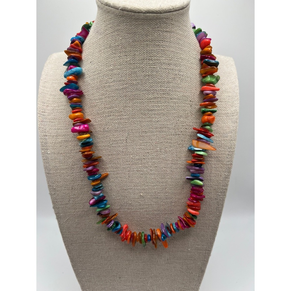 Rainbow Chip Necklace Multi Color Dyed Shell Resin Boho Beachy 17 Inch Statement